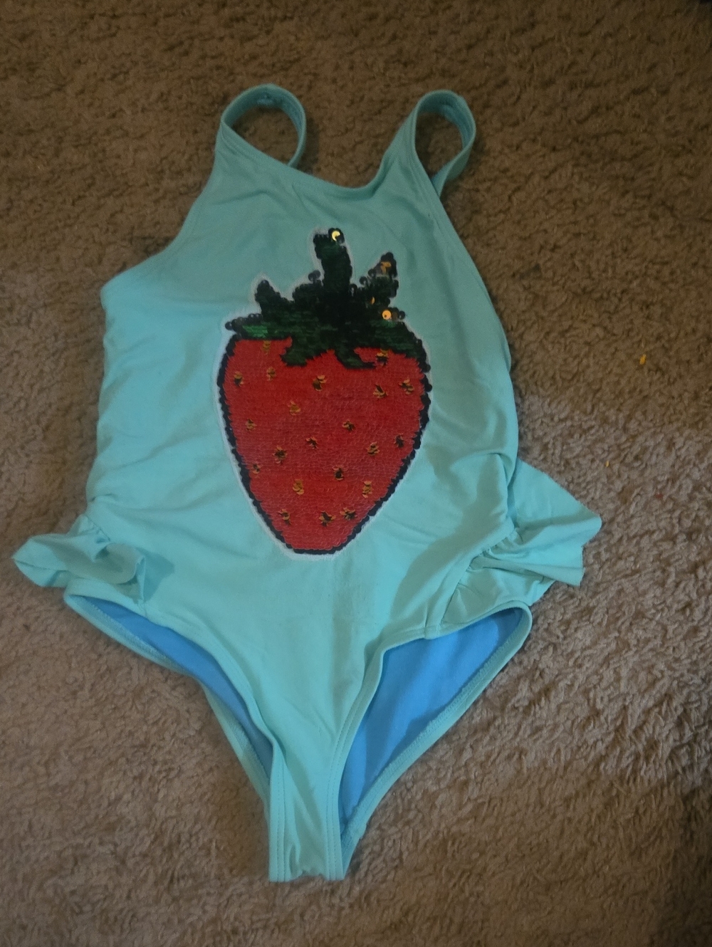 Kids Aqua One-Piece Swimsuit with Red Strawberry Sequin